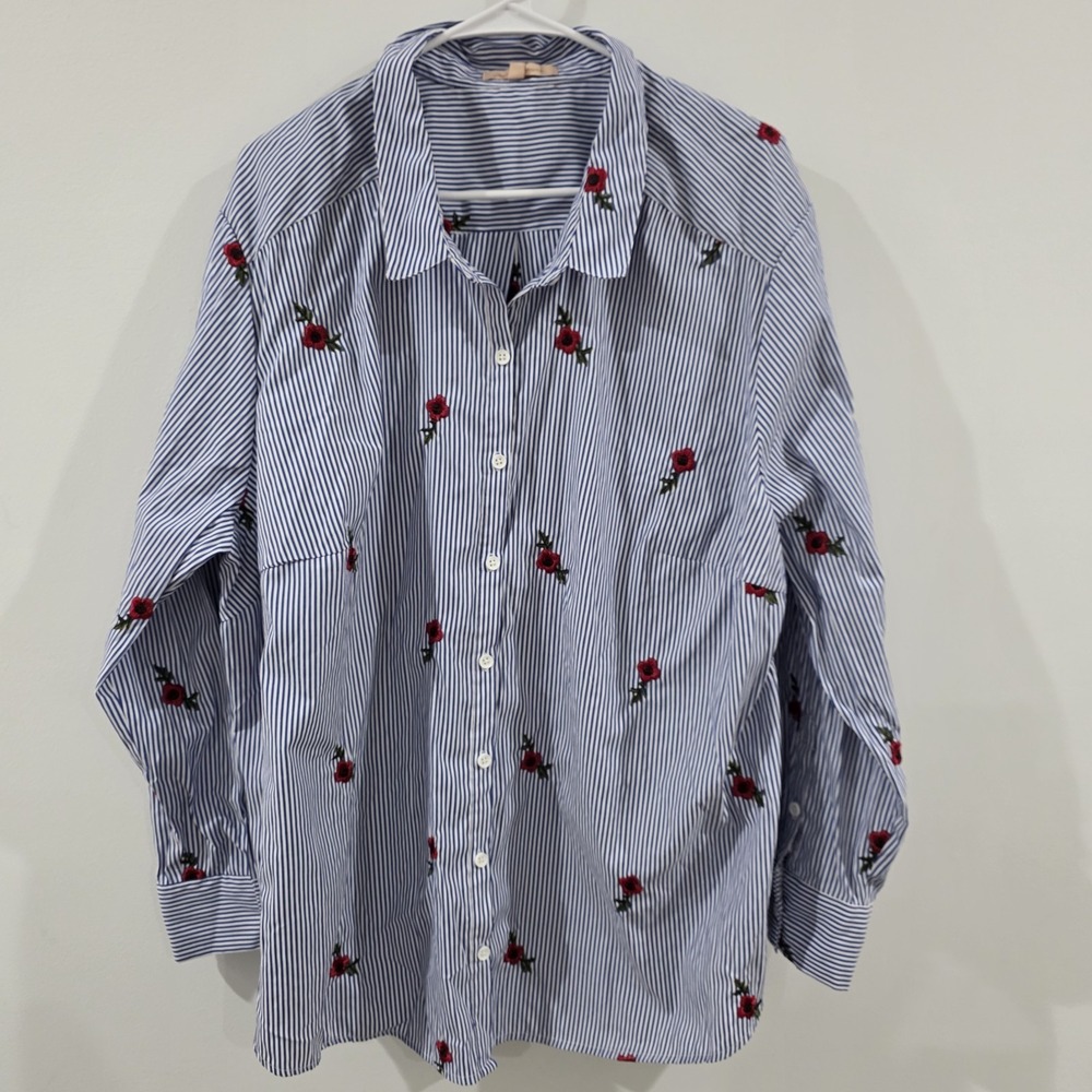 Gibson Latimer Womens Button Up Top Size 3X Embroidered Floral Striped Business